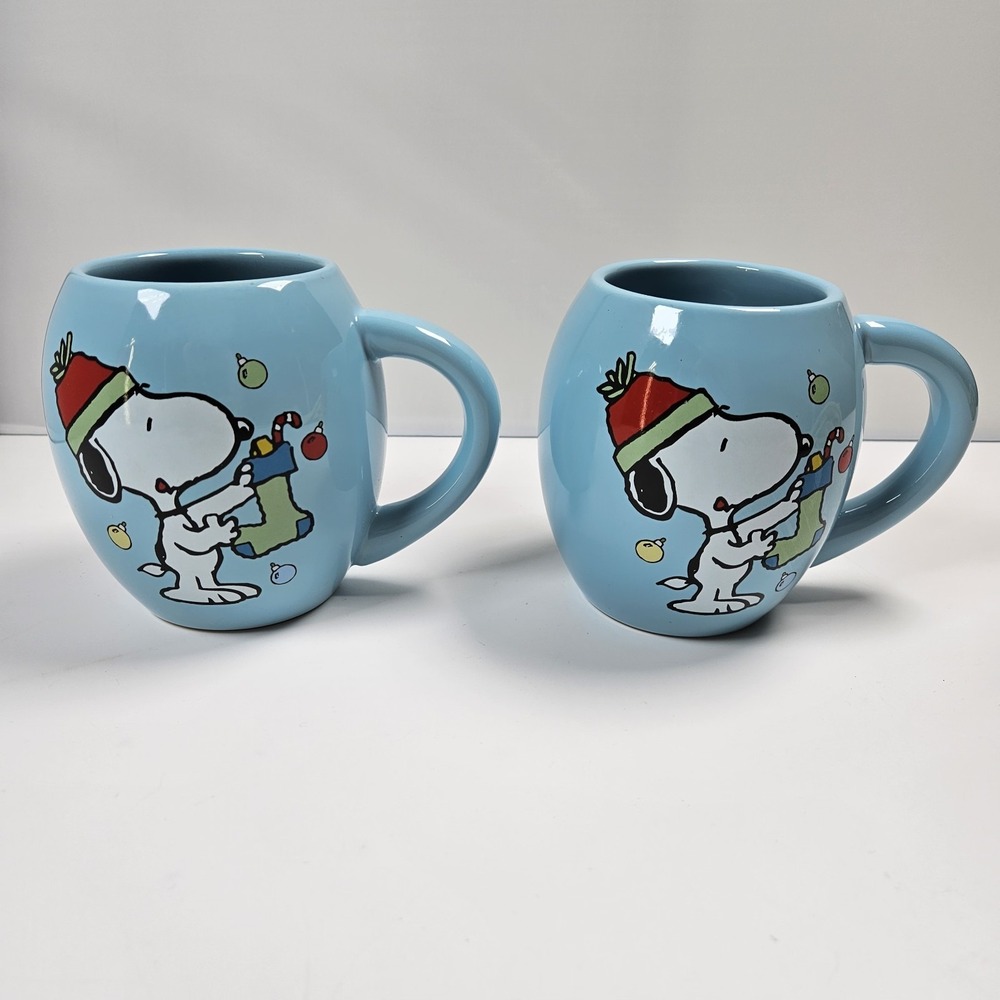 2x Peanuts Charlie Brown Christmas Snoopy Woodstock Holiday‎ Blue Coffee Mug Cup